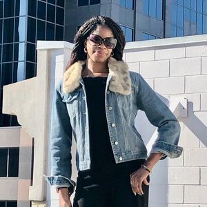 Light blue denim jacket with genuine gray mink fur collar